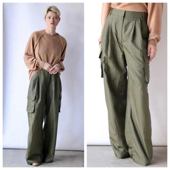 Tibi Stella Crispy Nylon Pleated Cargo Pant (Sz 12 Hemmed) Wide Leg Army Green - Picture 5 of 16